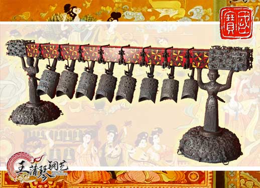 8件古編鐘，銅人銅座裝飾，可發(fā)音